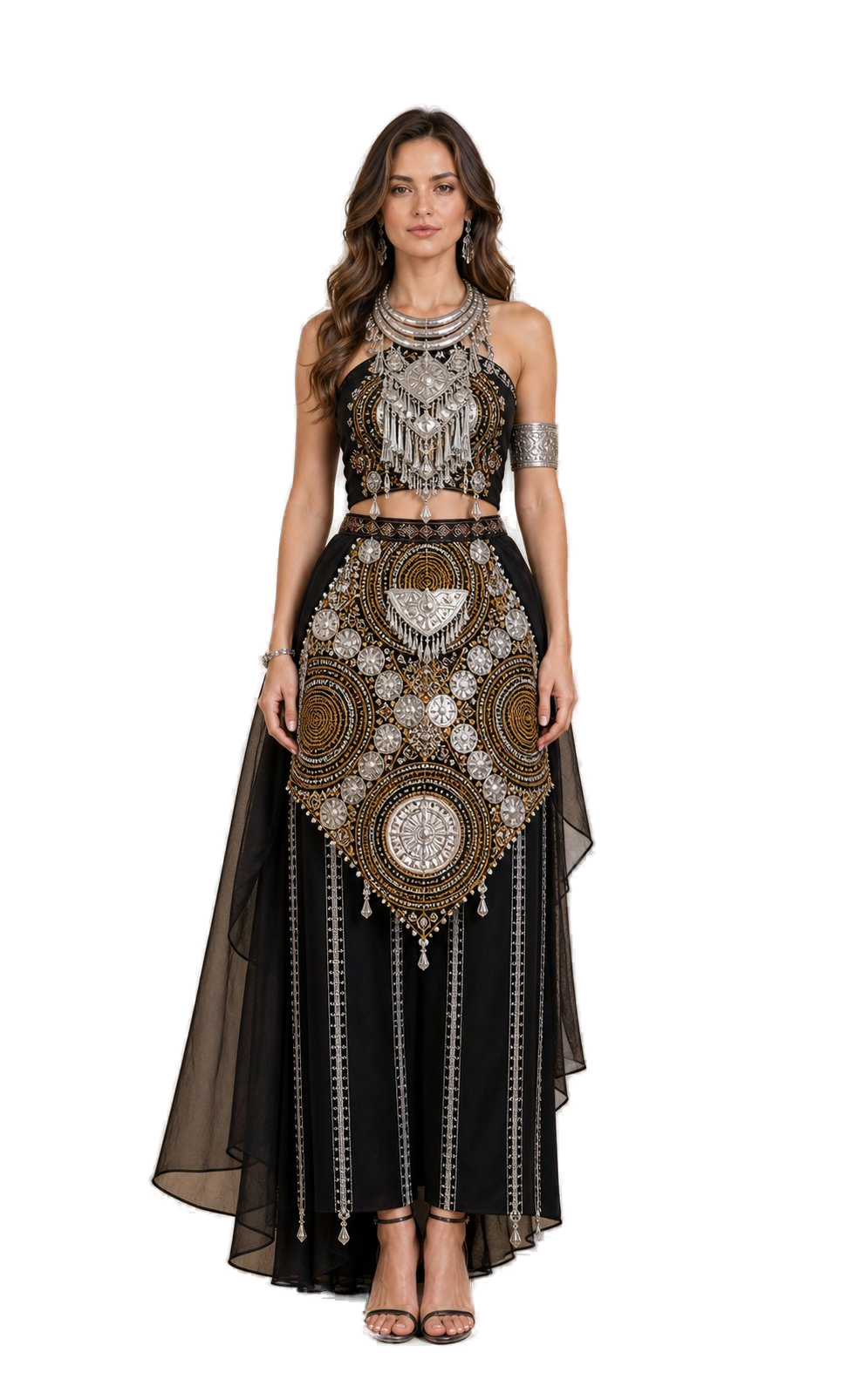 Black complete embroidered AETHNO look with silver ornament