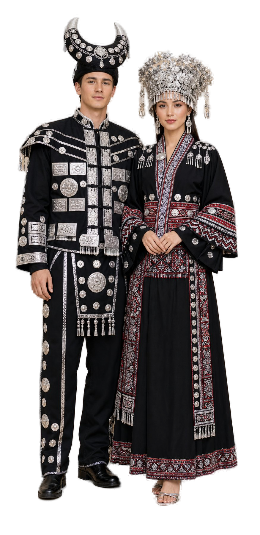 Two complete black Miao-inspired ceremonial looks with silver ornament