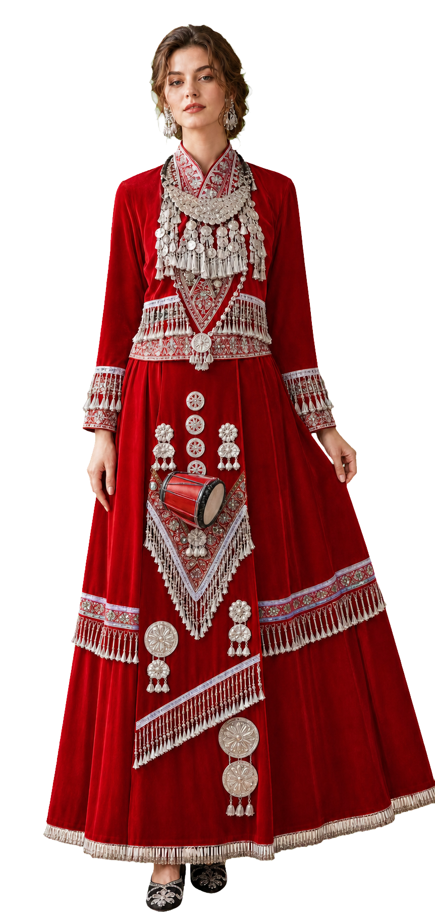 Complete red embroidered look with layered silver ornament