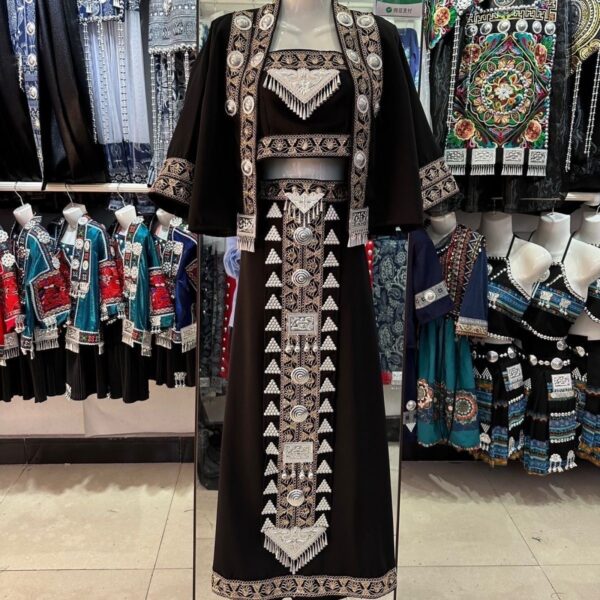 1 Flowery Backless Mini Dress Ethnic Silver-Adorned Embroidered Dress Set | Traditional Tribal Handmade Gown