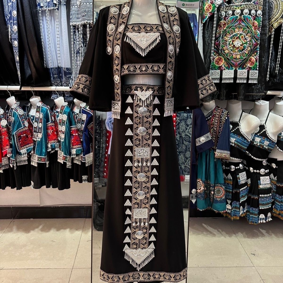 Flowery Backless Mini Dress Ethnic Silver-Adorned Embroidered Dress Set | Traditional Tribal Handmade Gown