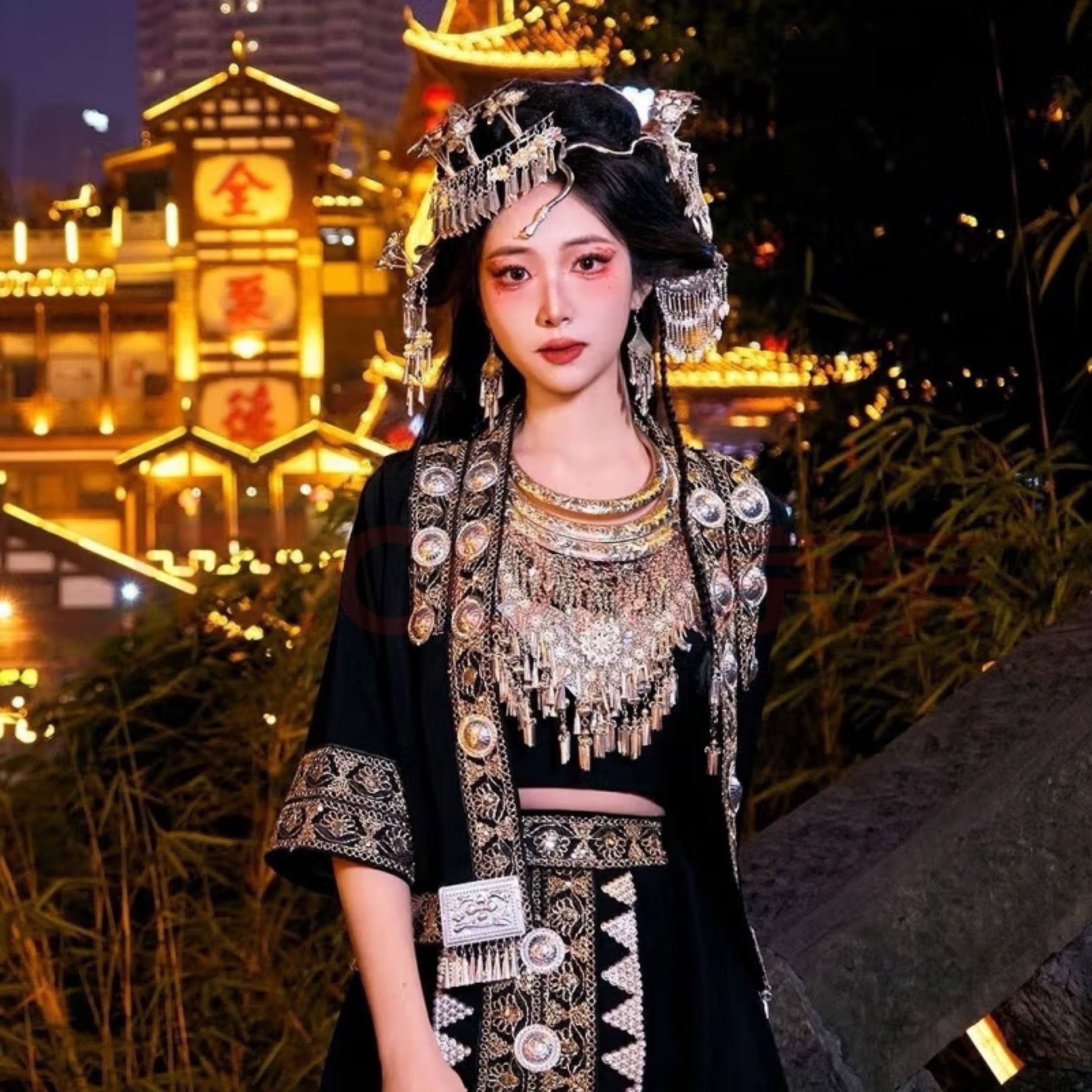 Flowery Backless Mini Dress Ethnic Silver-Adorned Embroidered Dress Set | Traditional Tribal Handmade Gown - Image 4