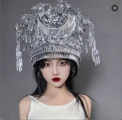 Women's Ethnic Silver Crown Top | Miao Minority Inspired Traditional Headdress Dress | Unique Festival & Performance Wear - Image 2