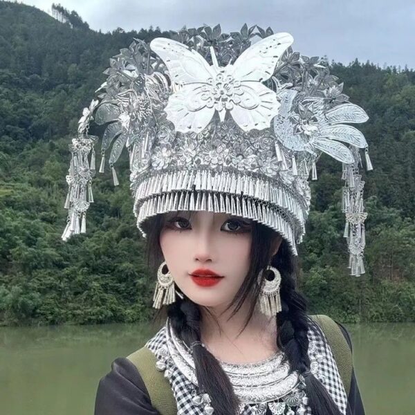 20250806162135 Women's Ethnic Silver Crown Top | Miao Minority Inspired Traditional Headdress Dress | Unique Festival & Performance Wear