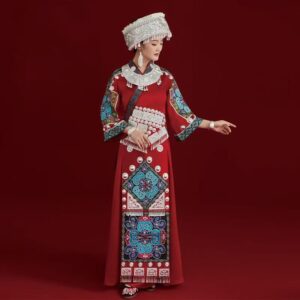 AETHNO Miao Embroidery Dress — Handcrafted Heritage & Festive Elegance for Christmas, New Year, and Miao Festival, Maxi Length, Floral Pattern, Premium Satin Blend, Hand Embroidery, Silver-like Ornaments, Perfect for Cultural Events & Holiday Photoshoots