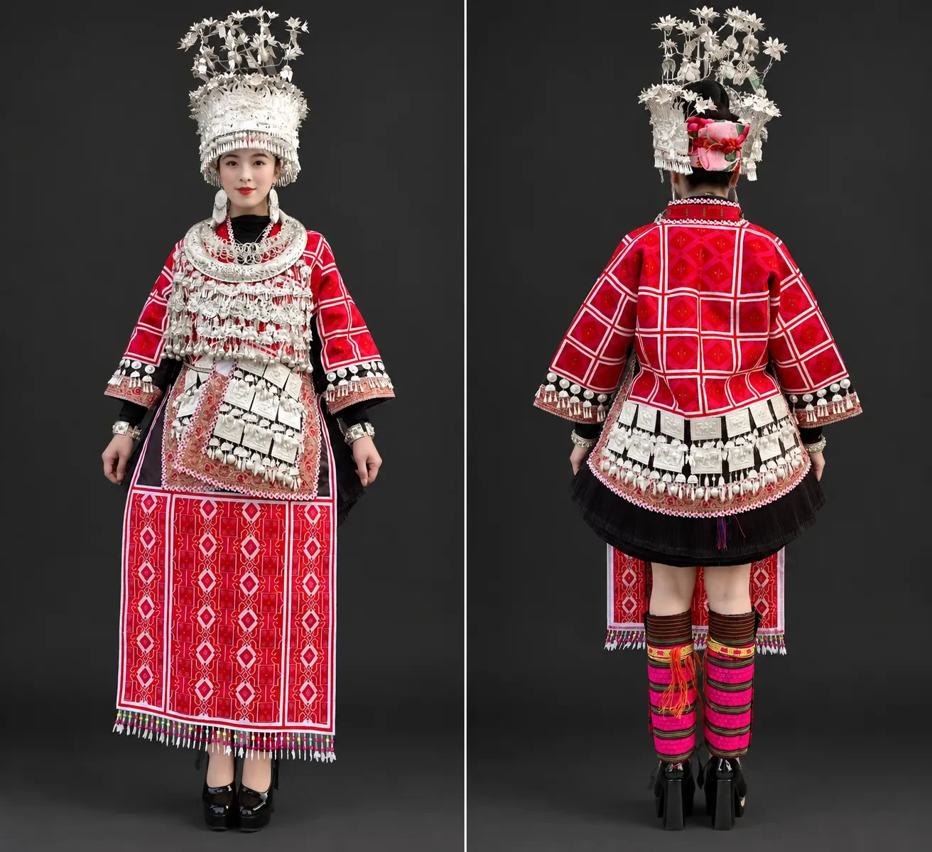 Jianhe Miao traditional dress showing overview front back.