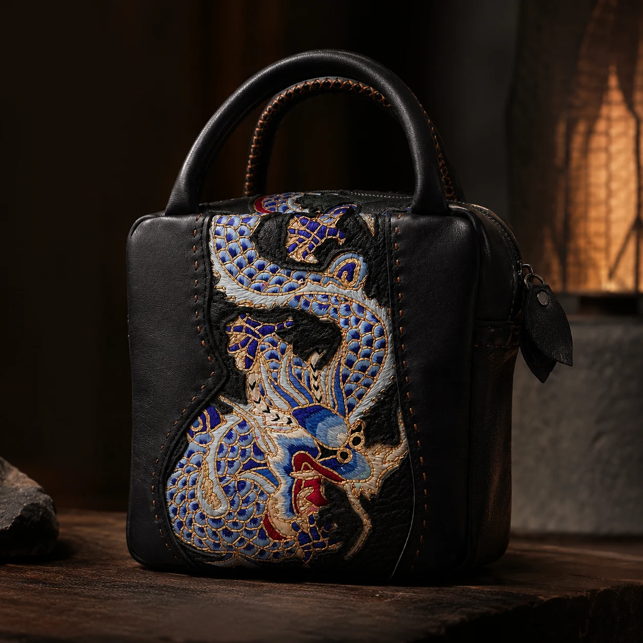 One-of-a-Kind Vintage Dragon Gold Couching Leather Handbag – product view 6