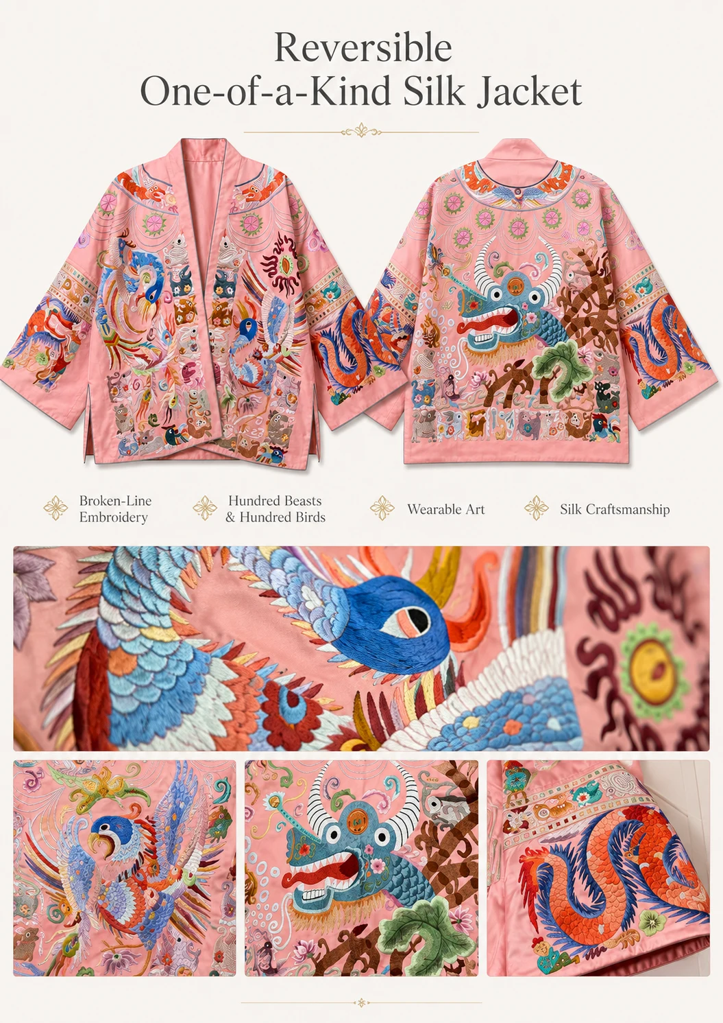 One-of-a-Kind Double-Sided Split-Thread Mythical Animals Silk Jacket – product details 10