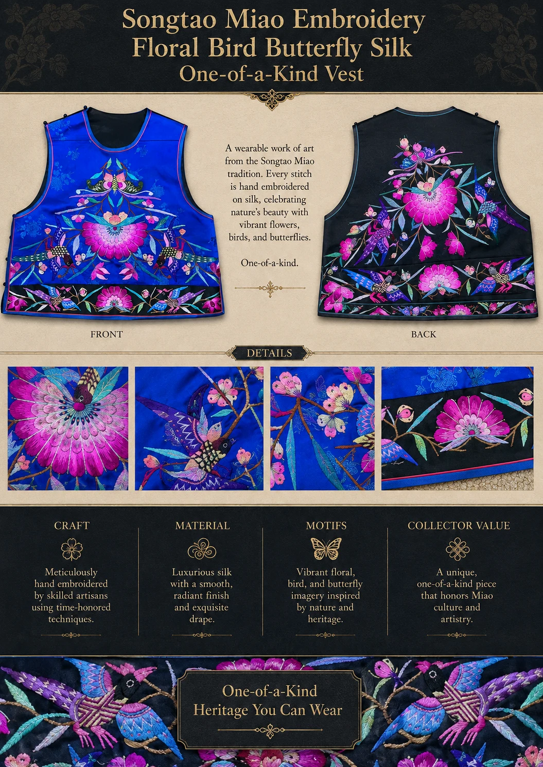 One-of-a-Kind Songtao Miao Bird & Butterfly Silk Vest – product details 10