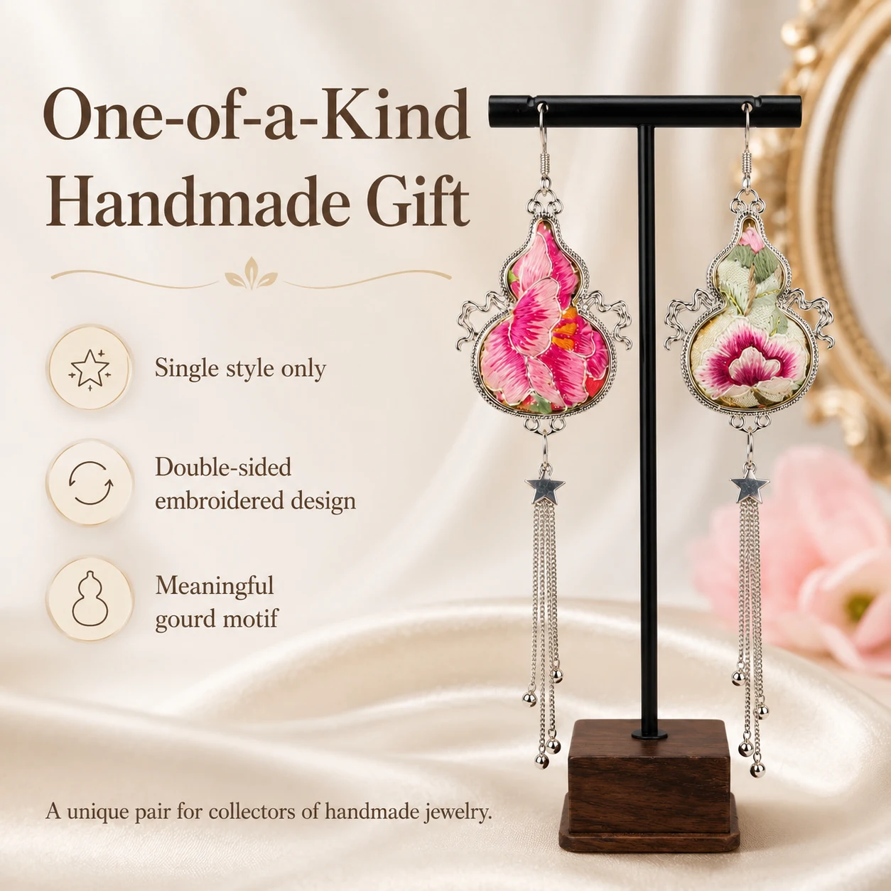 Handmade embroidered earrings displayed as a meaningful gift