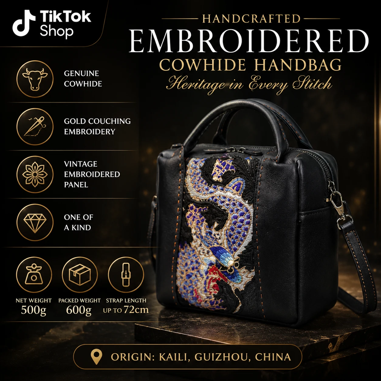One-of-a-Kind Vintage Dragon Gold Couching Leather Handbag – product view 10