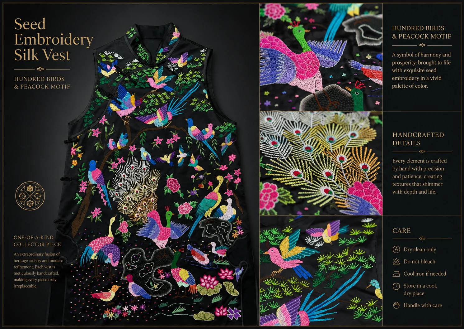 One-of-a-Kind Peacock Seed-Knot Embroidered Silk Long Vest – product details 10