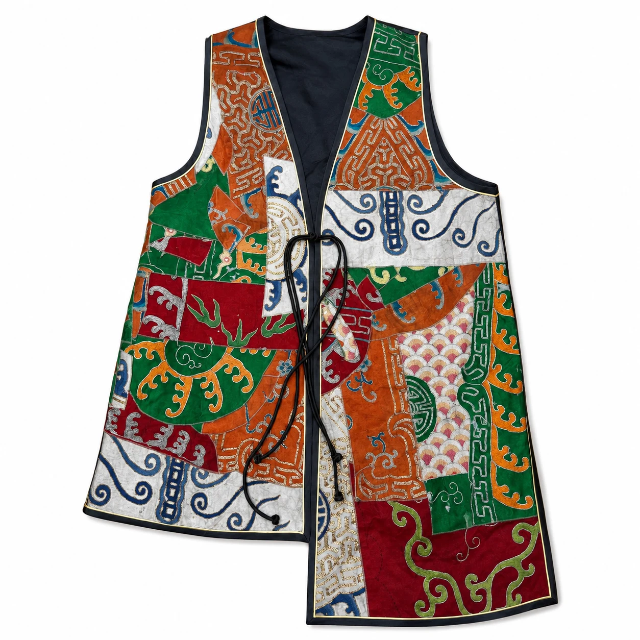 One-of-a-Kind Asymmetric Gold & Silver Embroidered Silk Vest – handcrafted textile detail and full product view