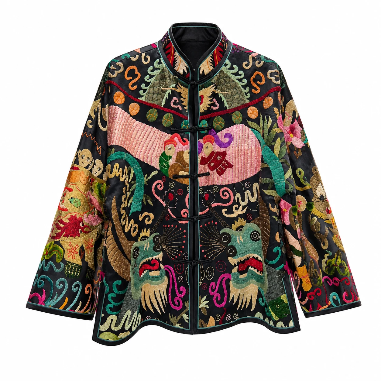 One-of-a-Kind Miao Split-Thread Embroidered Silk Jacket – handcrafted textile detail and full product view