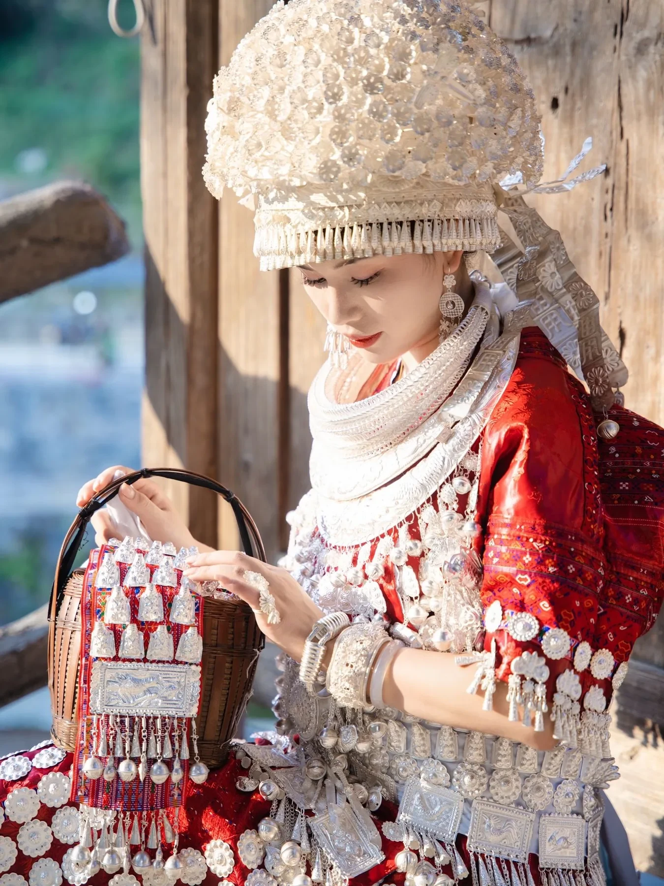 Huangping Miao traditional dress showing basket silver detail.