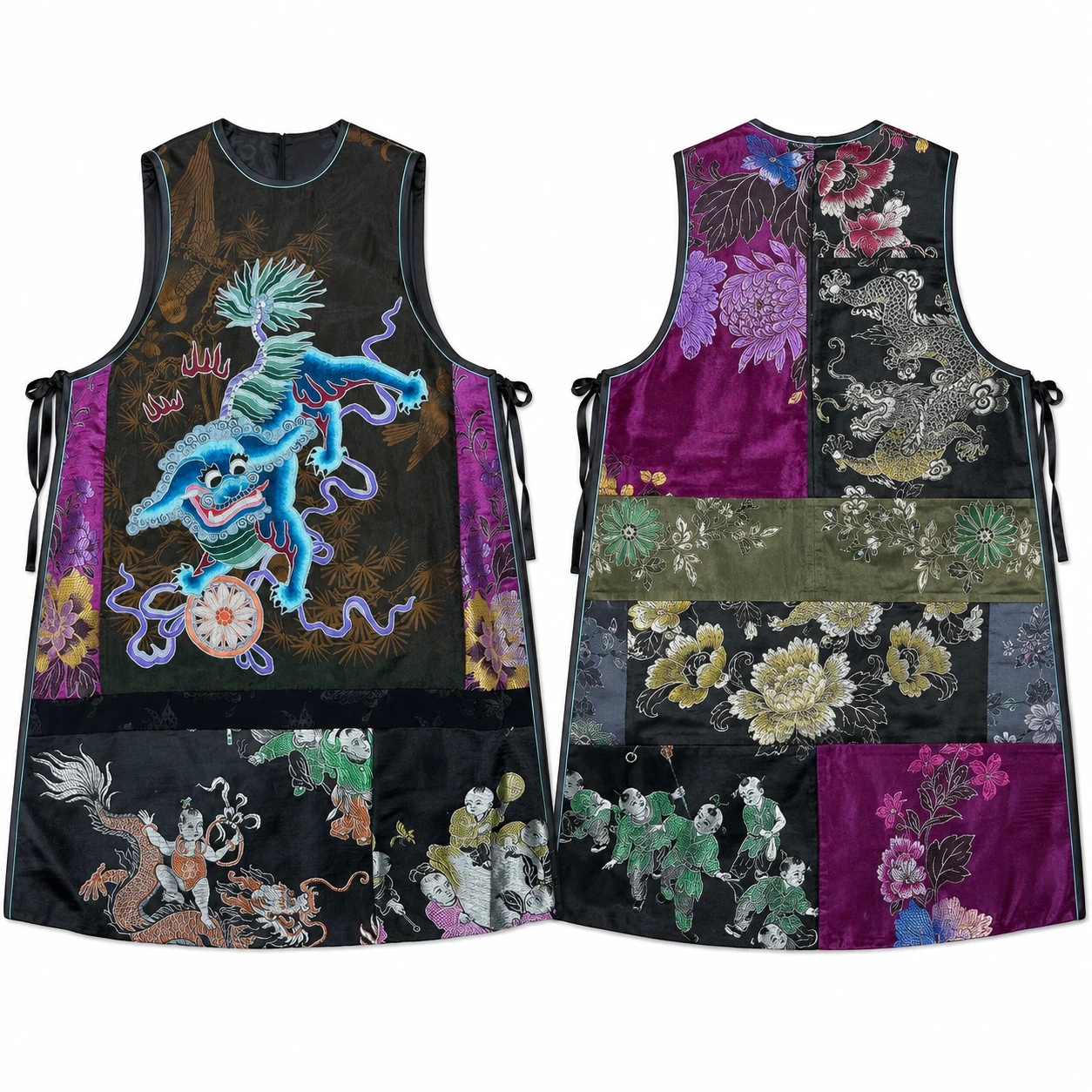 One-of-a-Kind Silver Couching Mythical Beast Silk Long Vest – handcrafted textile detail and full product view