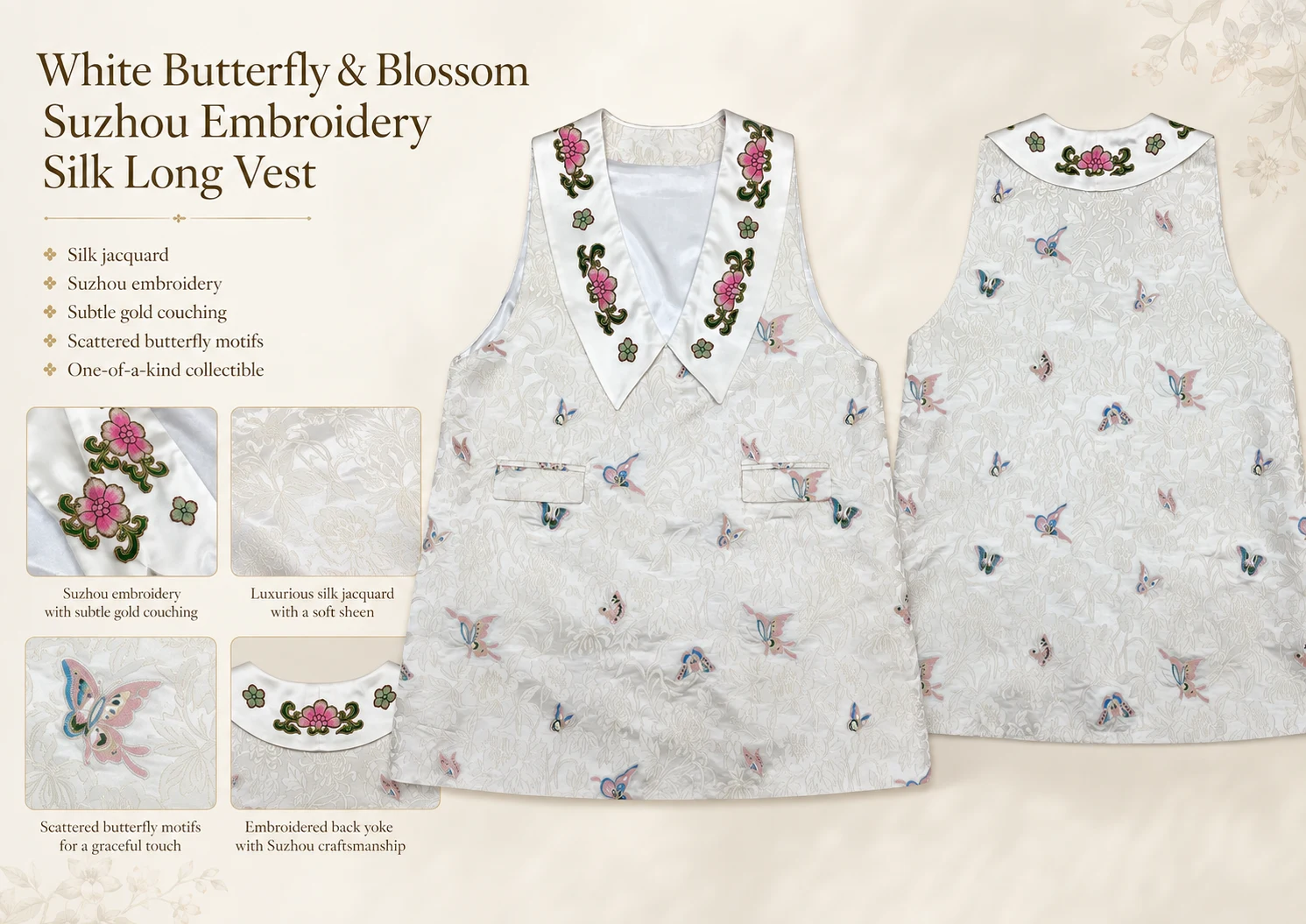 One-of-a-Kind Butterfly Floral Su Embroidery Silk Long Vest – product details 10