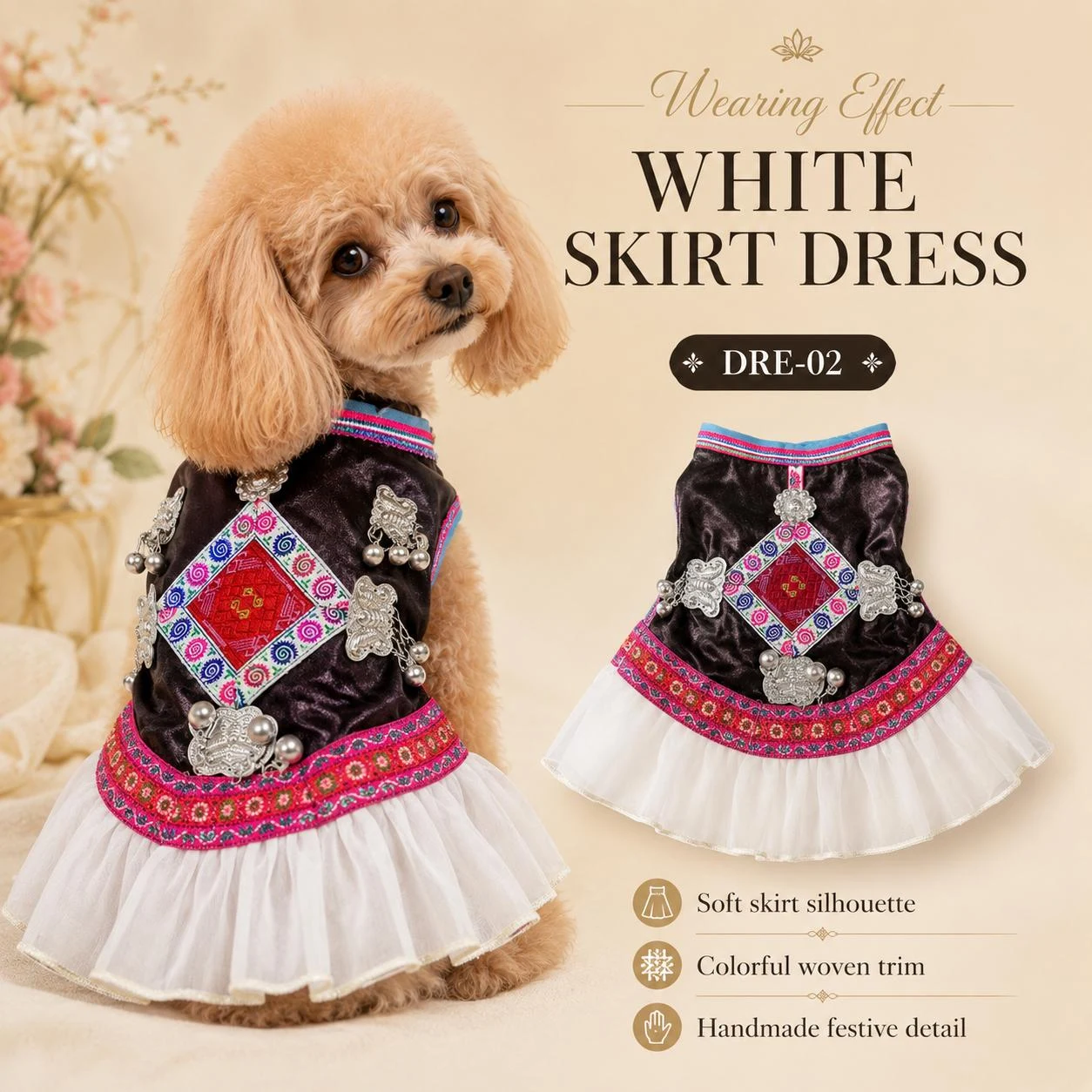 Handmade Miao-Inspired Dog Dress – Woven Textile & Silver-Tone Details, 5 Styles, Custom Sizing — product image 1