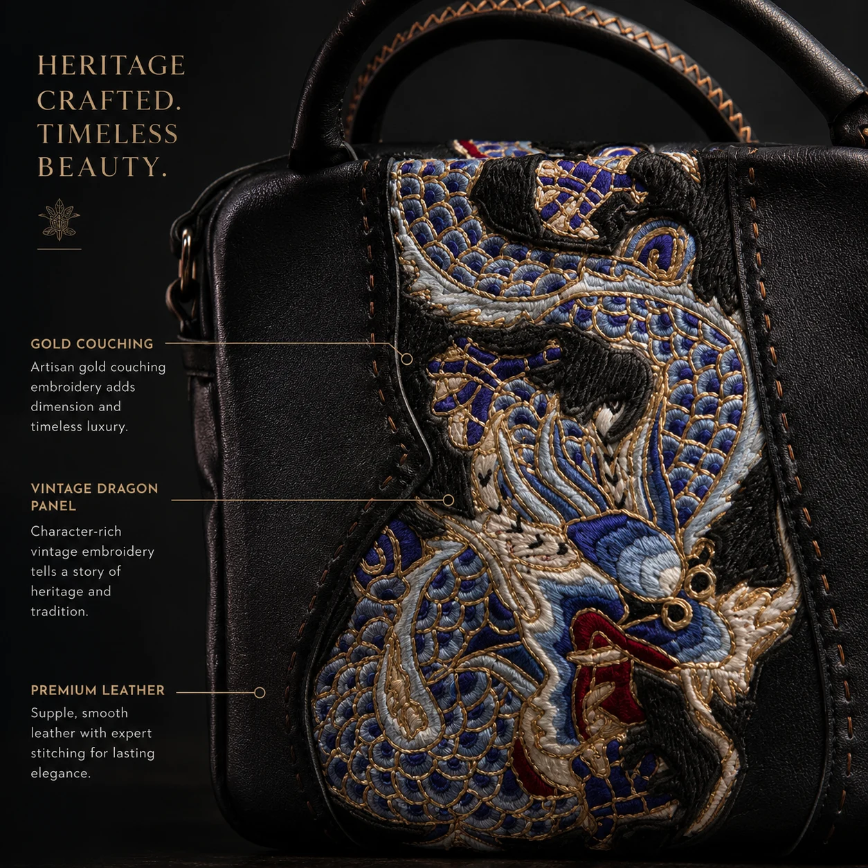 One-of-a-Kind Vintage Dragon Gold Couching Leather Handbag – product view 12