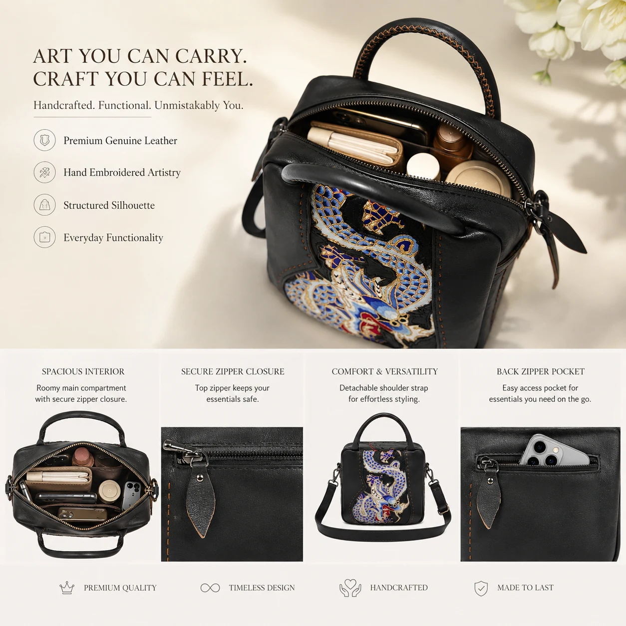 One-of-a-Kind Vintage Dragon Gold Couching Leather Handbag – product view 1