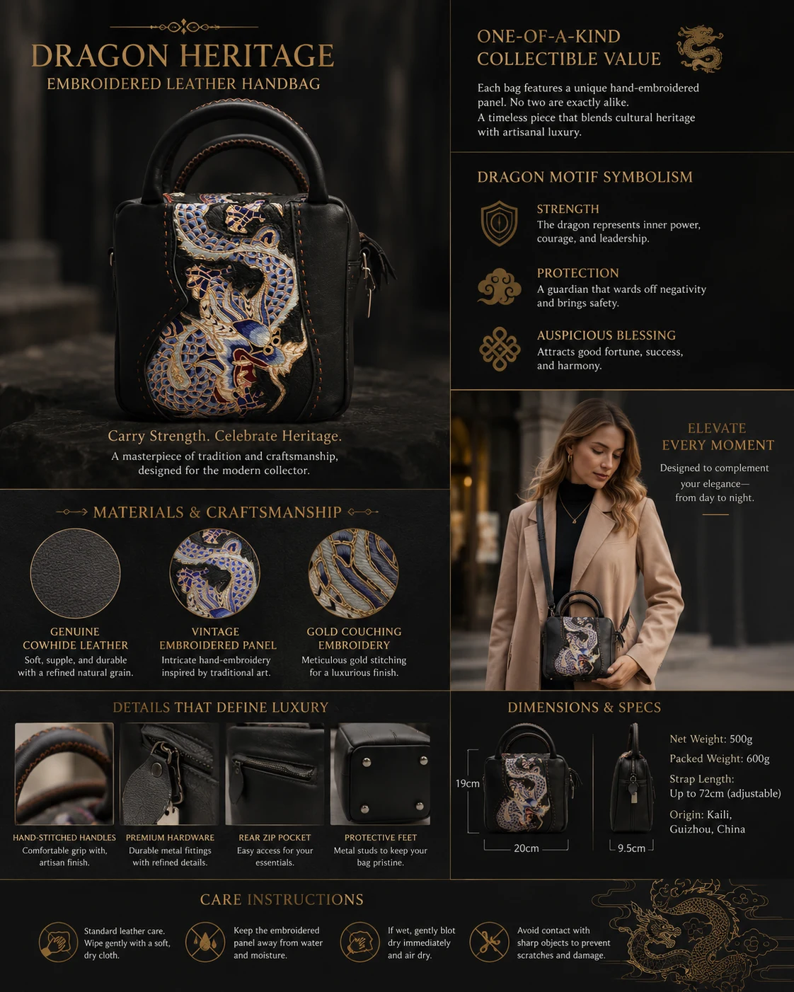 One-of-a-Kind Vintage Dragon Gold Couching Leather Handbag – product details 8