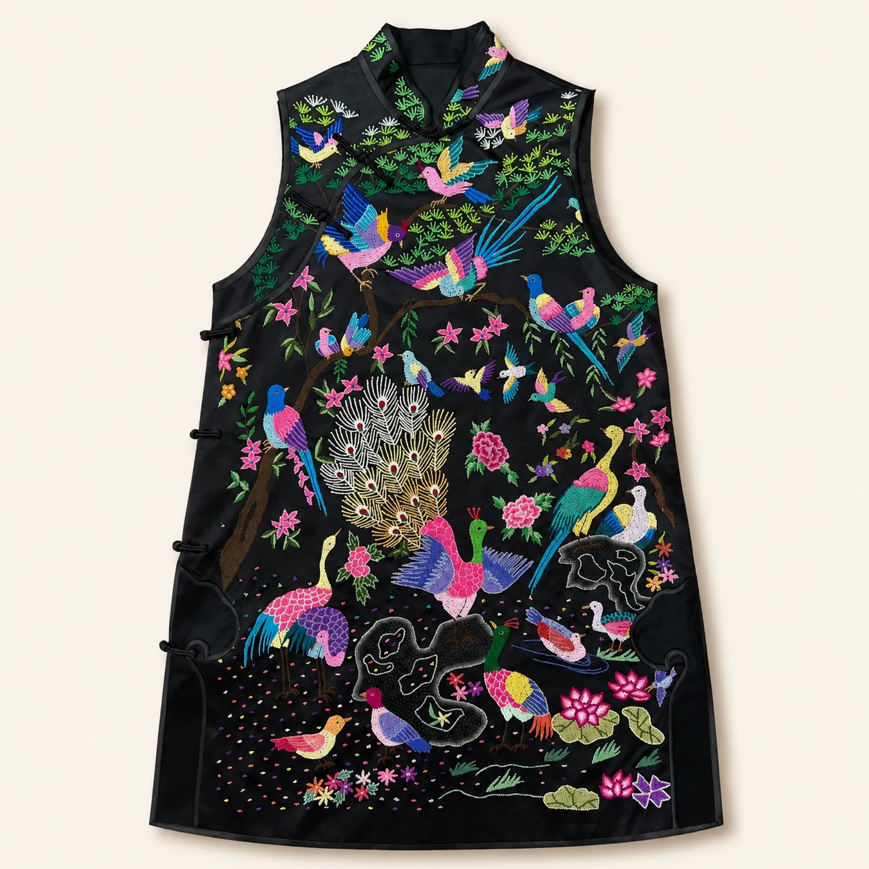 One-of-a-Kind Peacock Seed-Knot Embroidered Silk Long Vest – handcrafted textile detail and full product view