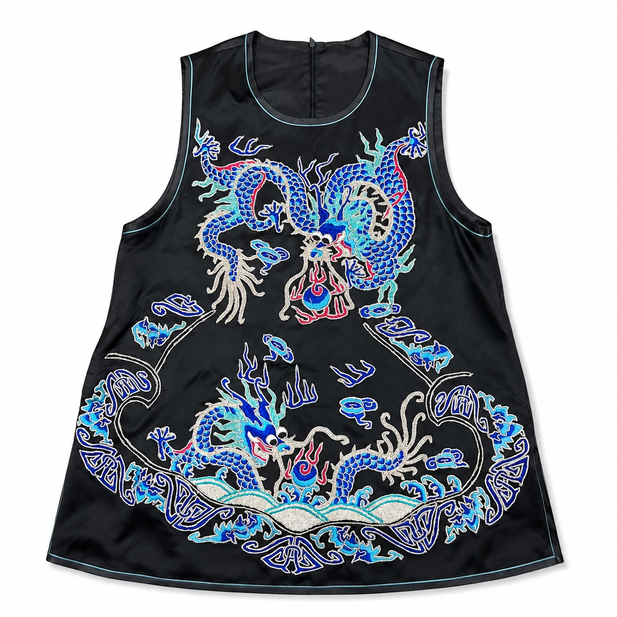 One-of-a-Kind Blue Dragon Gold Couching Silk Vest – handcrafted textile detail and full product view