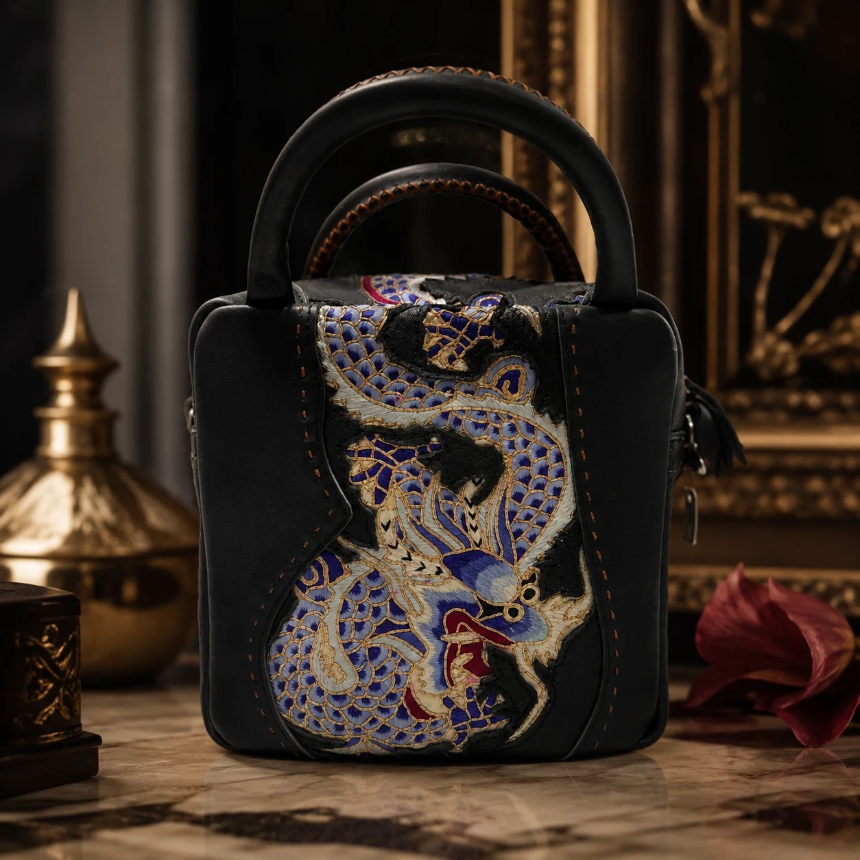 One-of-a-Kind Vintage Dragon Gold Couching Leather Handbag – product view 9