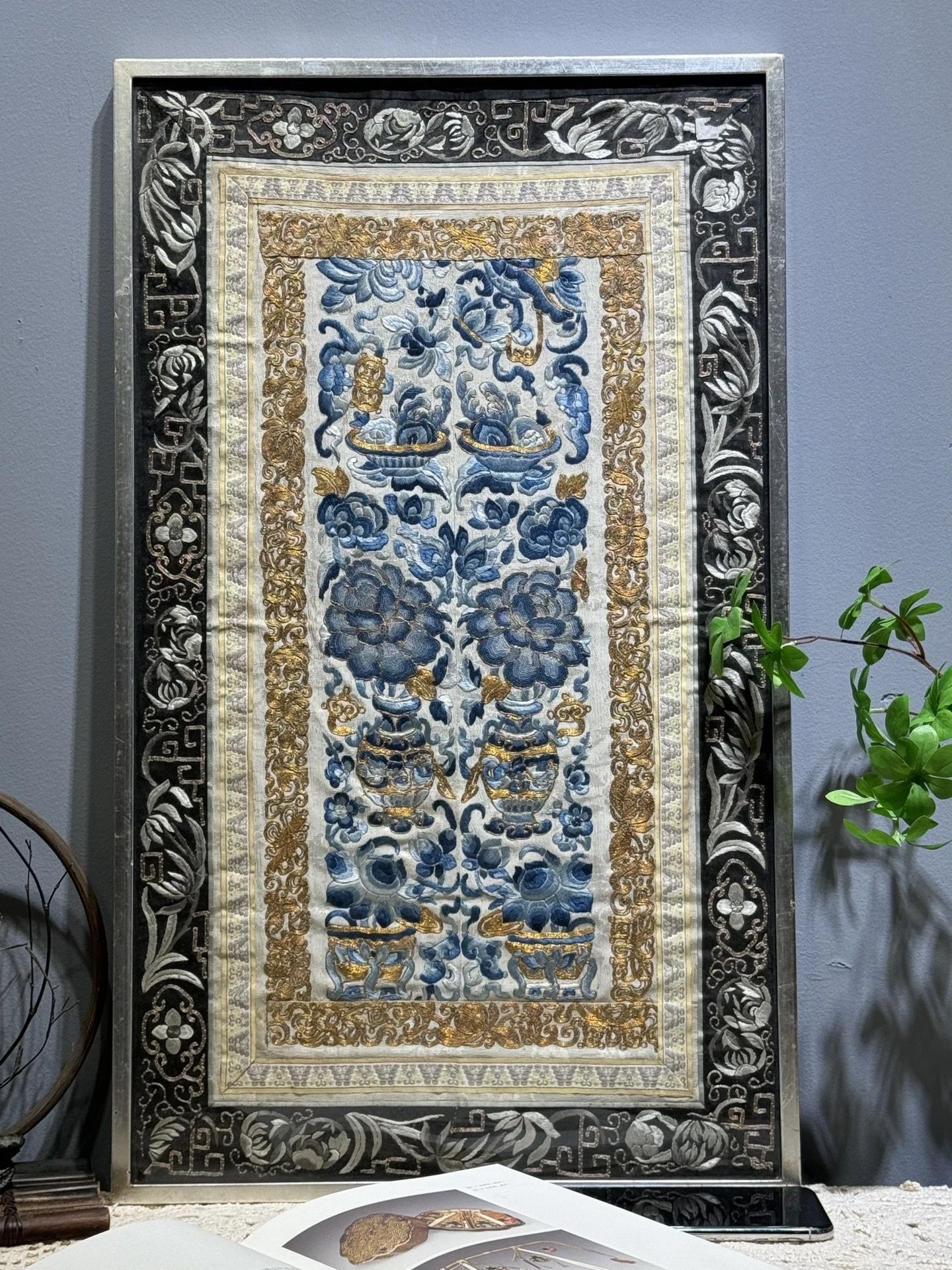 Framed blue floral Miao embroidery artwork