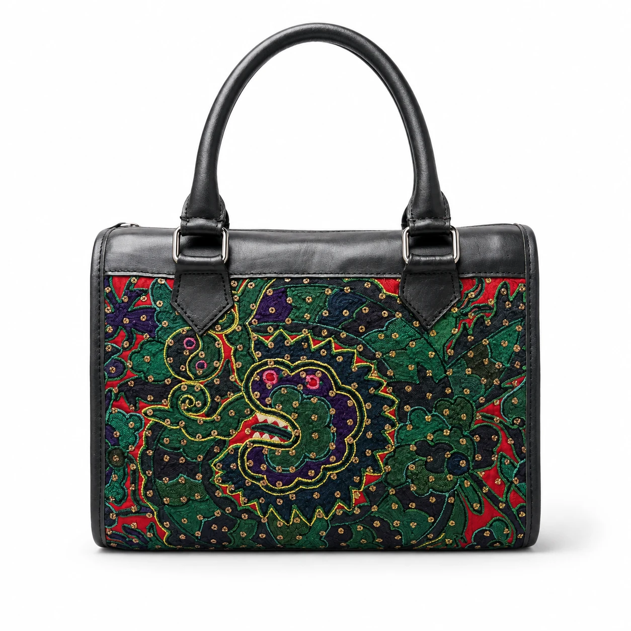 Vintage Miao Braid-Embroidered Leather Handbag – handcrafted textile detail and full product view