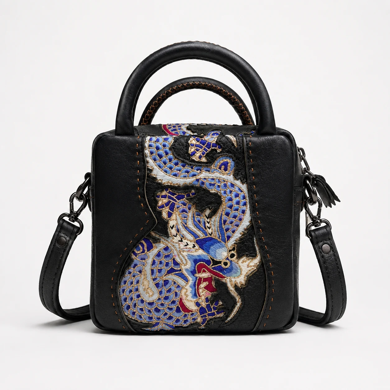 One-of-a-Kind Vintage Dragon Gold Couching Leather Handbag – handcrafted textile detail and full product view