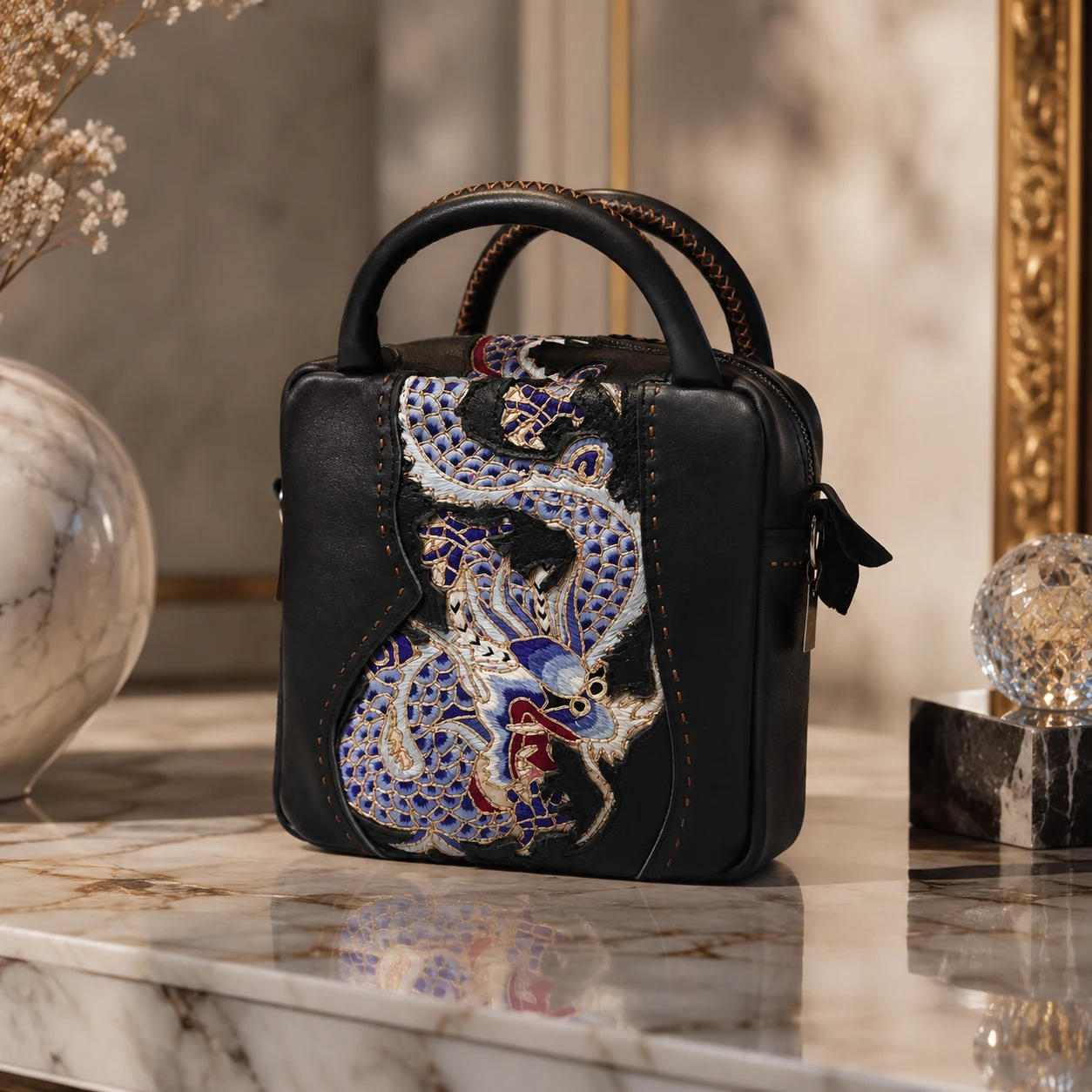 One-of-a-Kind Vintage Dragon Gold Couching Leather Handbag – product view 3