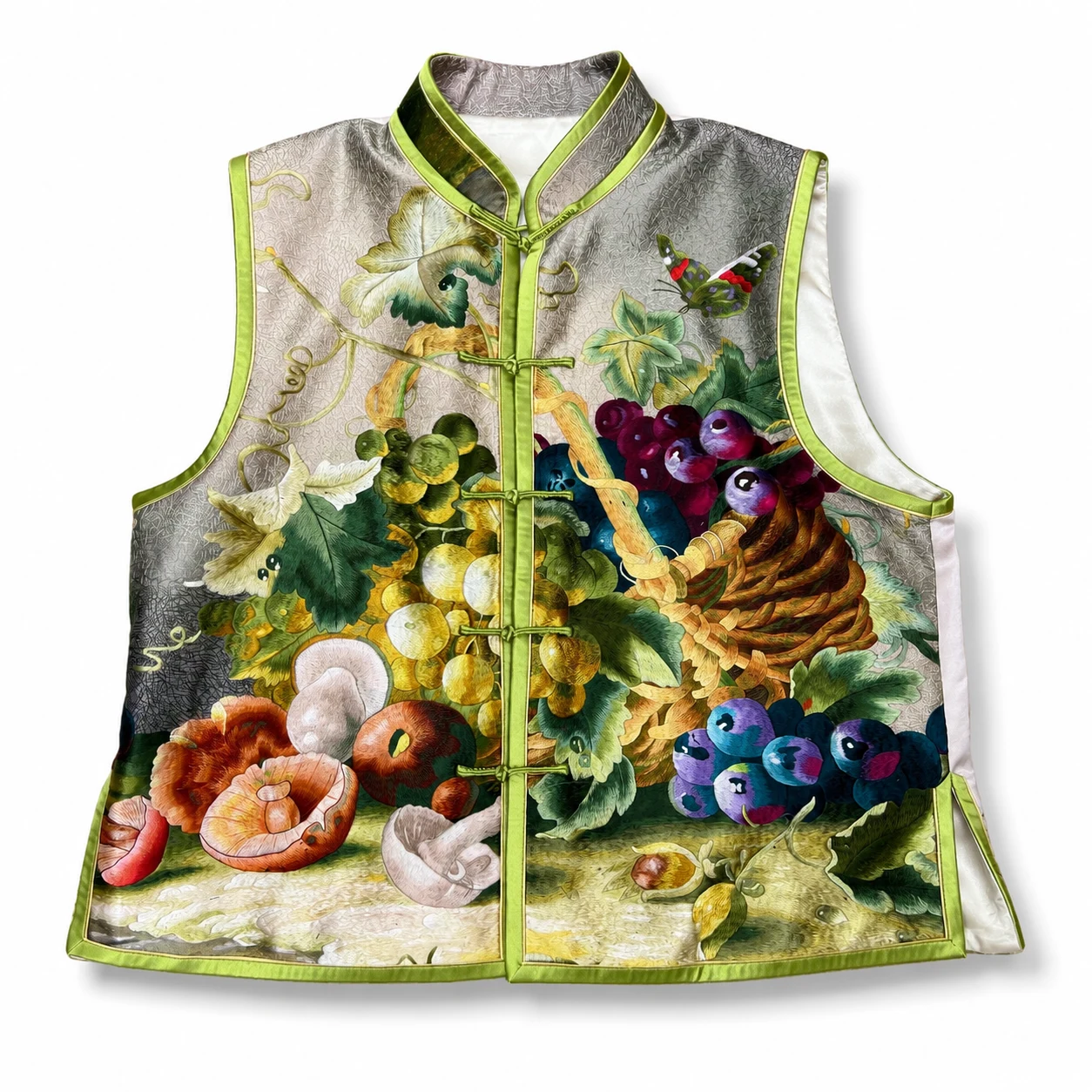 One-of-a-Kind Su Embroidery Harvest Basket Silk Vest – handcrafted textile detail and full product view