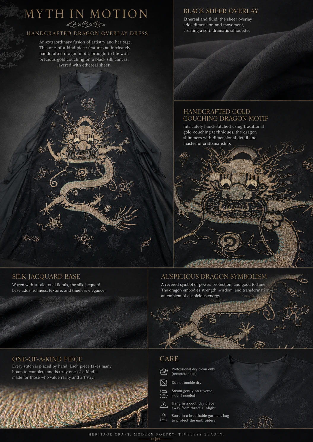 One-of-a-Kind Black Veil Gold Couching Dragon Silk Long Vest – product details 10