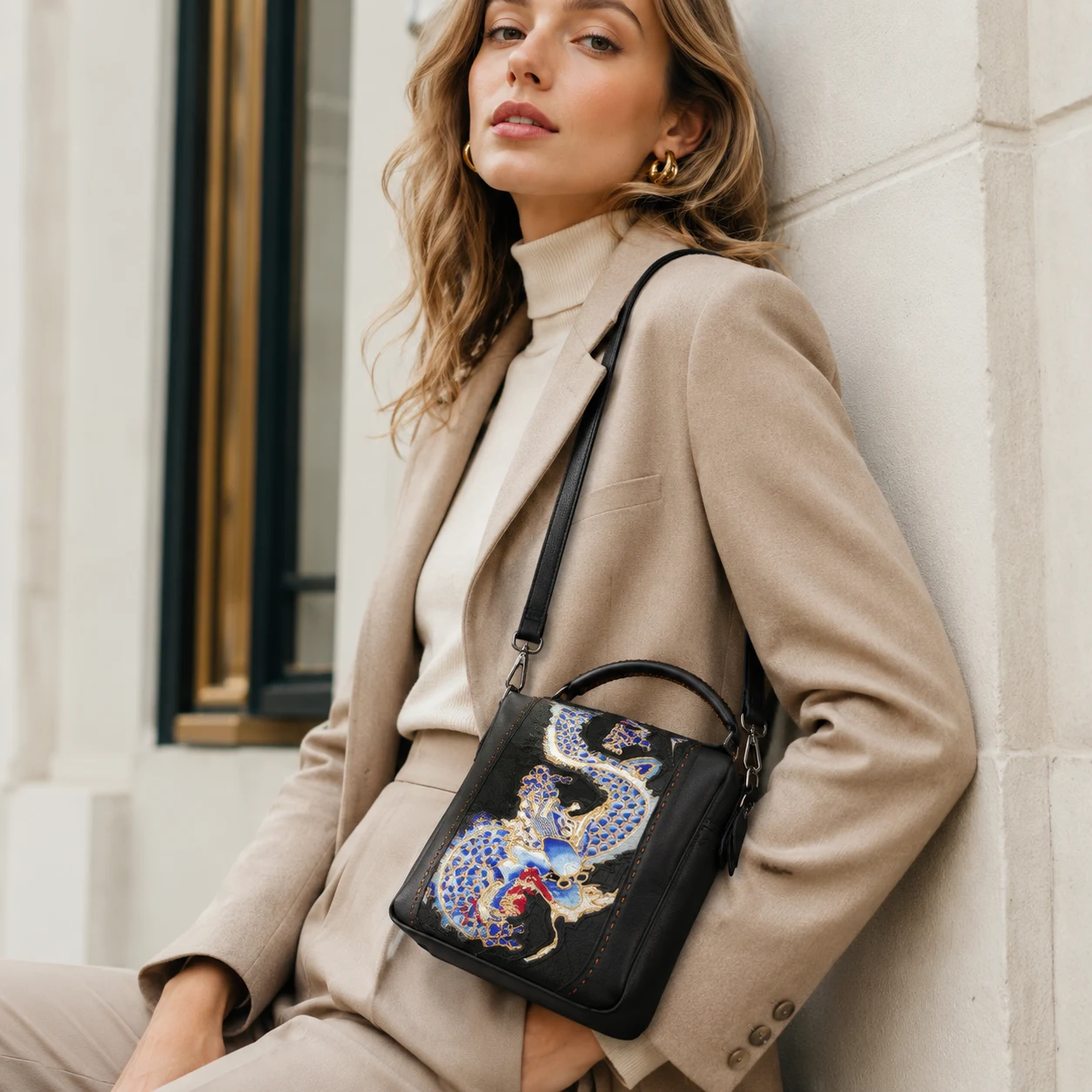 One-of-a-Kind Vintage Dragon Gold Couching Leather Handbag – product view 4
