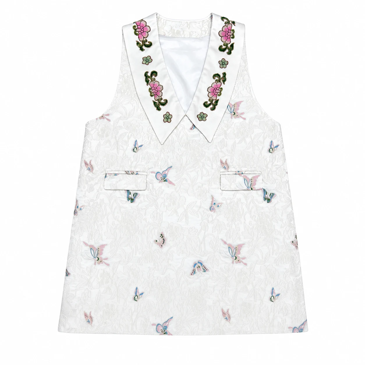 One-of-a-Kind Butterfly Floral Su Embroidery Silk Long Vest – handcrafted textile detail and full product view