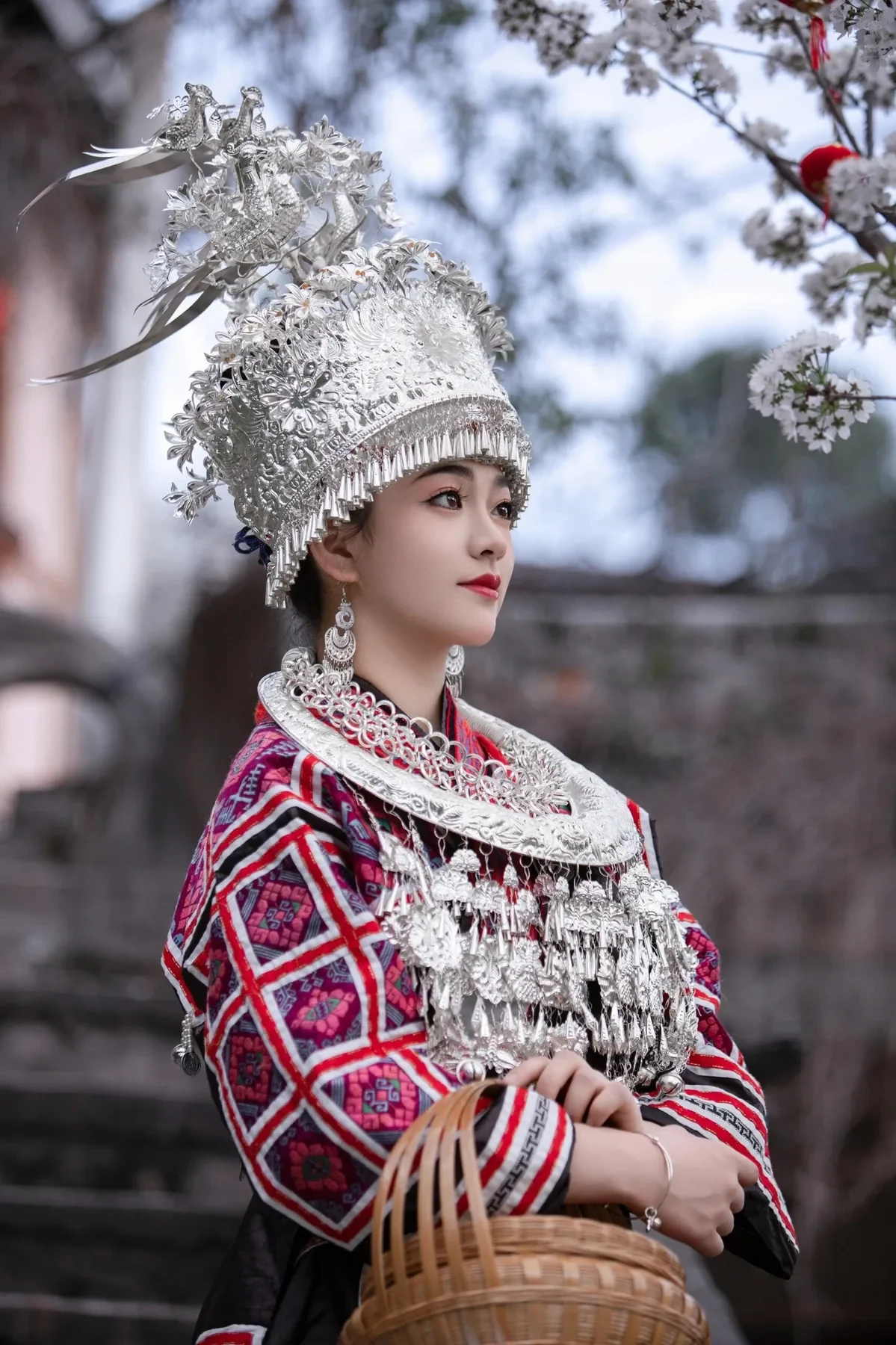 Jianhe Miao traditional dress showing headdress profile.