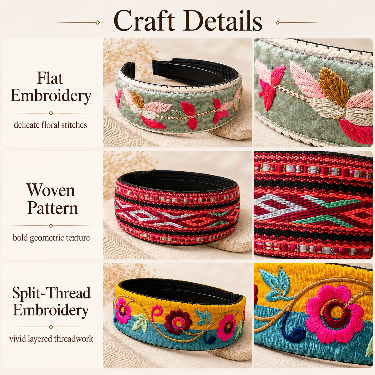 Craft details of handmade embroidered hairbands