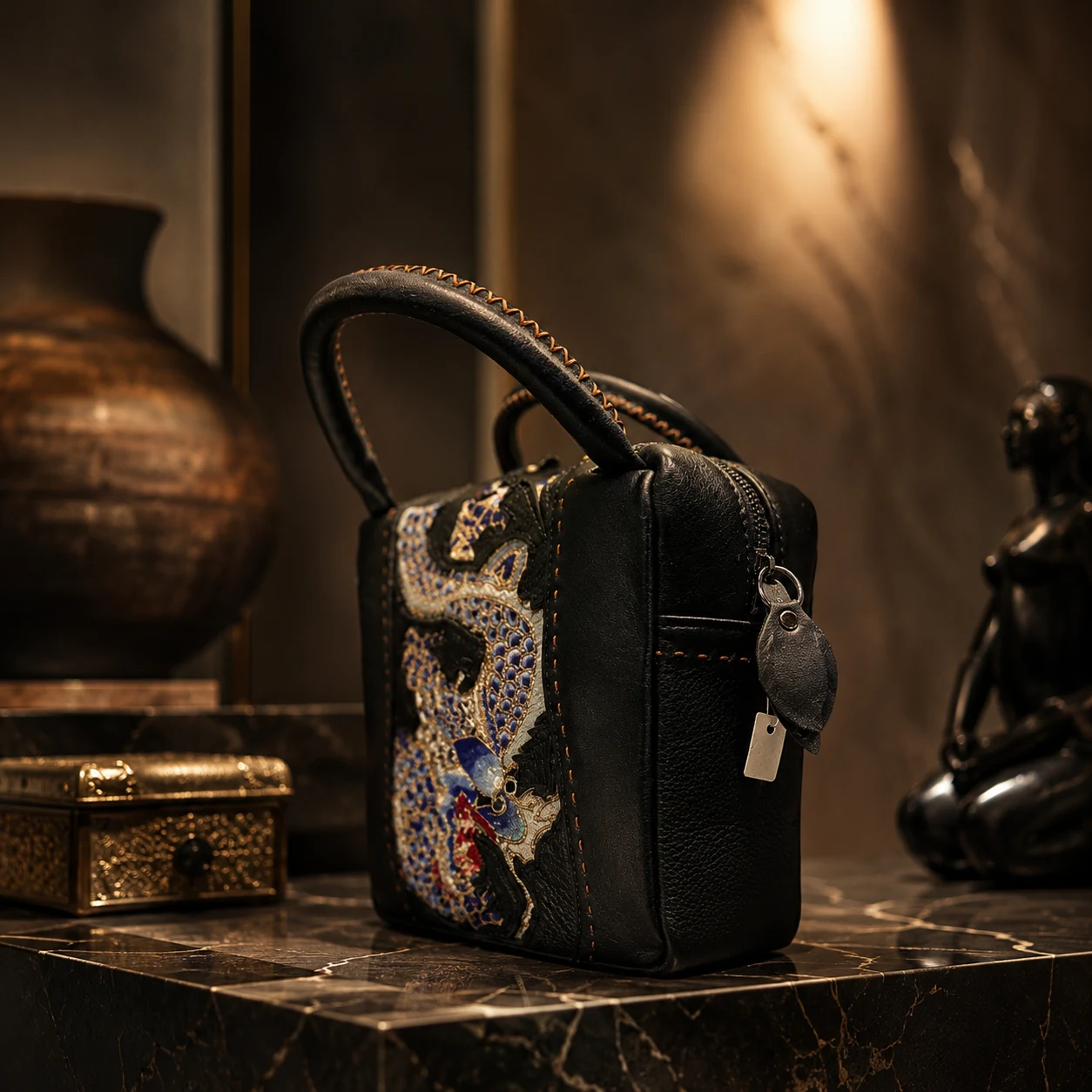 One-of-a-Kind Vintage Dragon Gold Couching Leather Handbag – product view 7