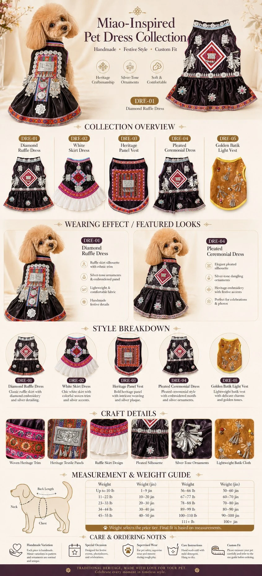 Handmade Miao-Inspired Dog Dress – Woven Textile &amp; Silver-Tone Details, 5 Styles, Custom Sizing — full product details