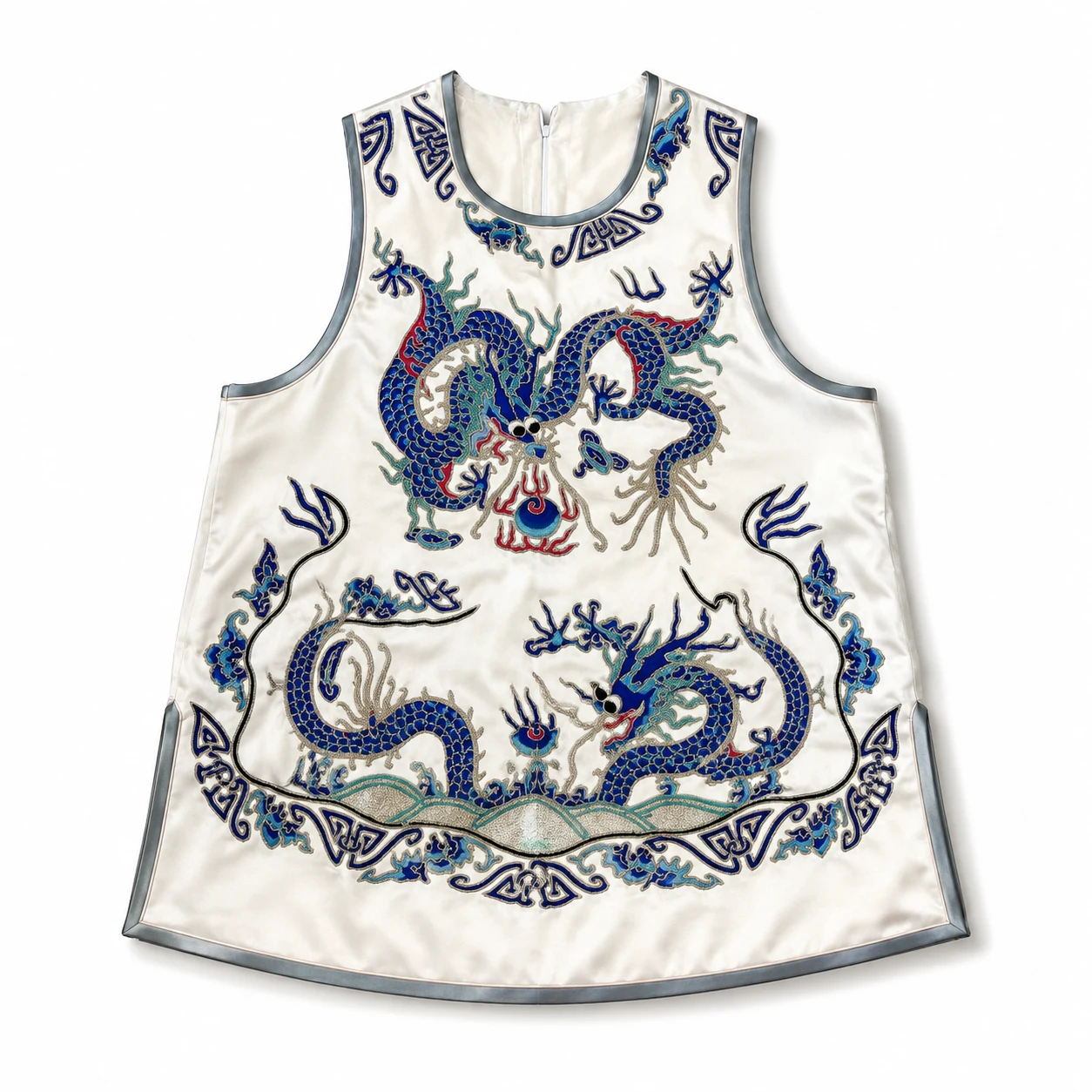 One-of-a-Kind Ivory Blue Dragon Gold Couching Silk Vest – handcrafted textile detail and full product view