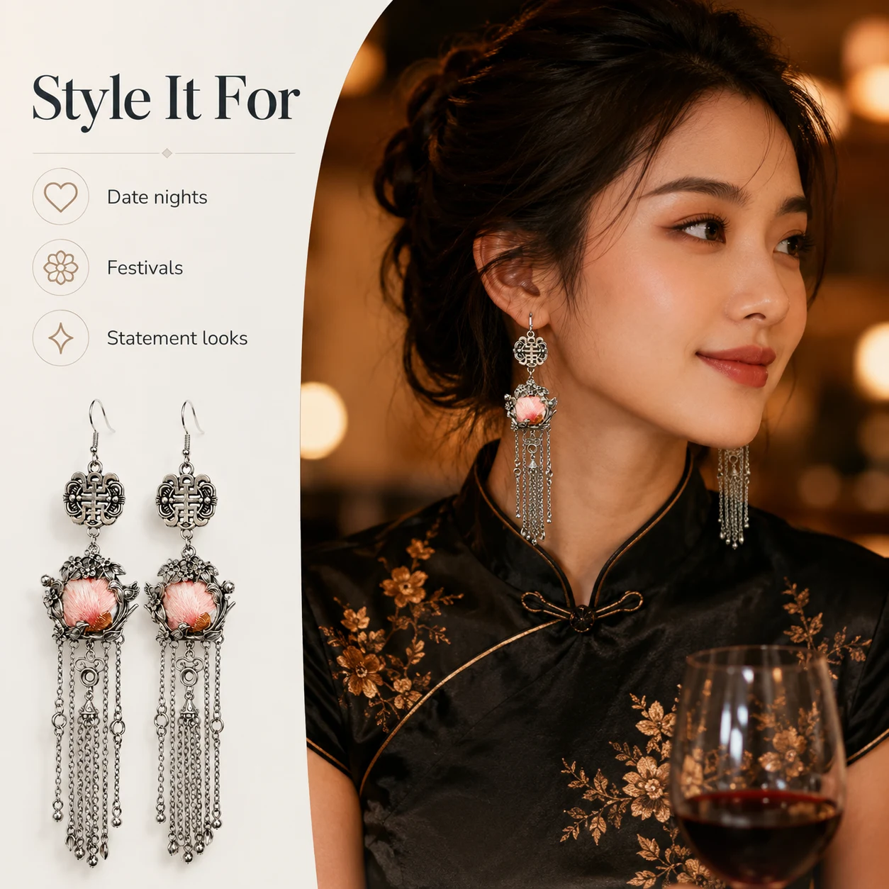 Handmade embroidered earrings styled with a black outfit