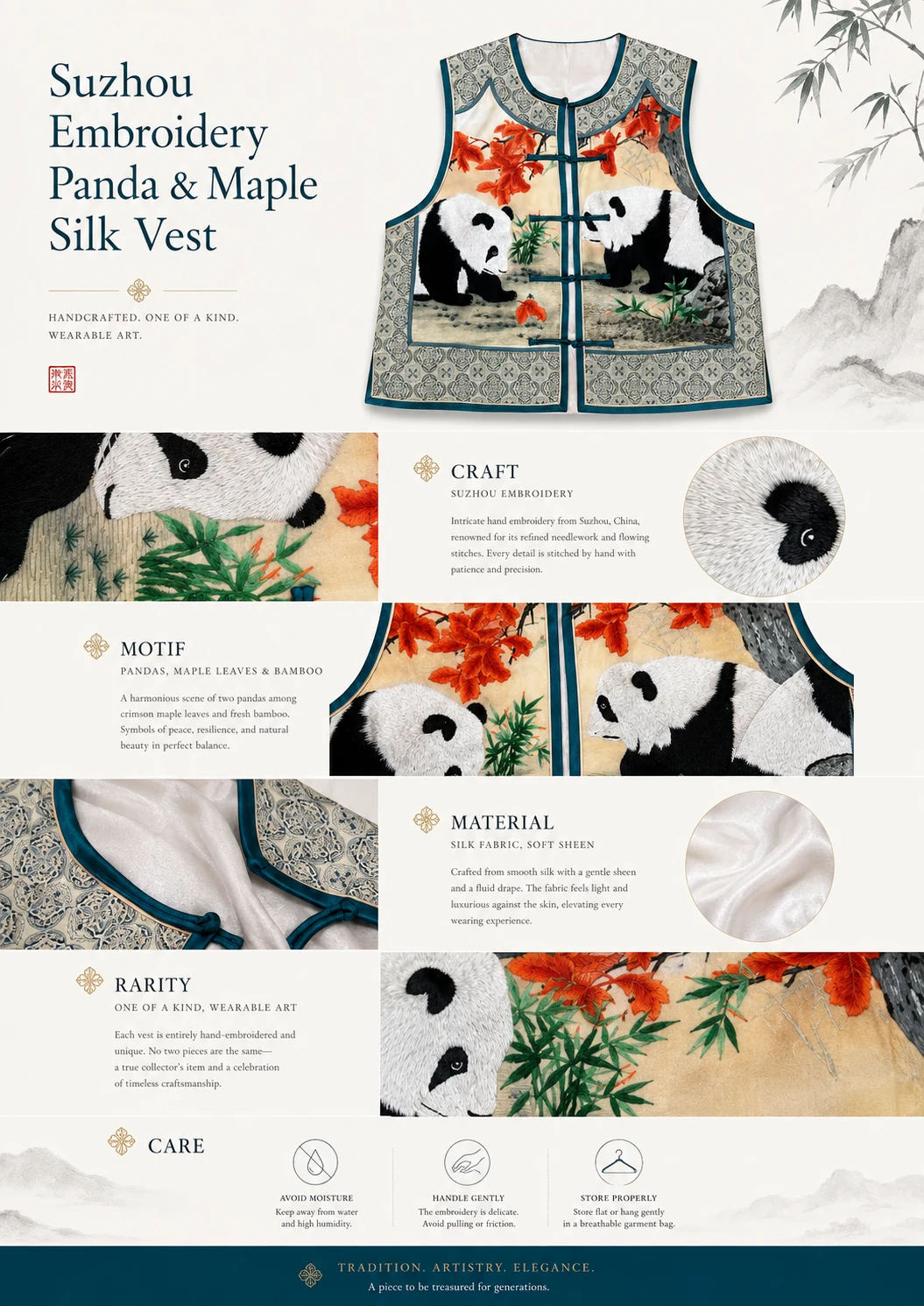 One-of-a-Kind Double-Sided Panda Su Embroidery Silk Vest – product details 9