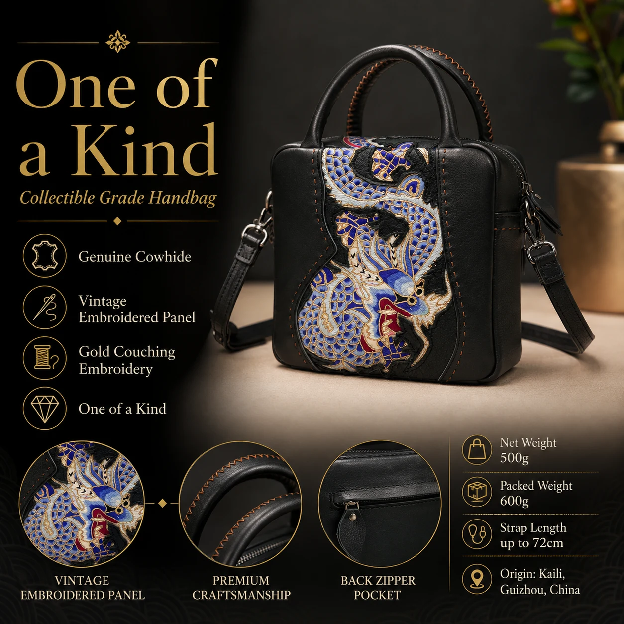 One-of-a-Kind Vintage Dragon Gold Couching Leather Handbag – product view 5