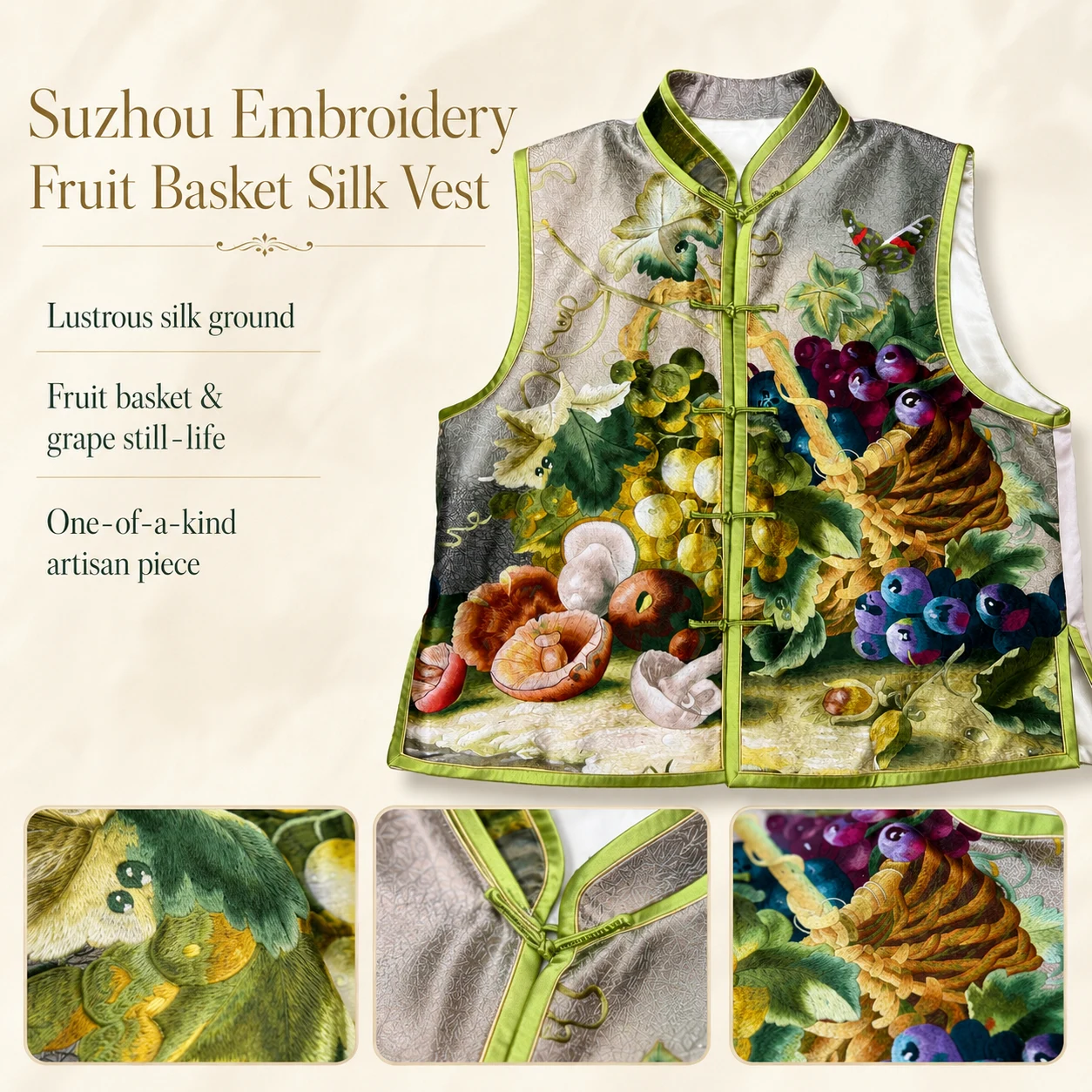 One-of-a-Kind Su Embroidery Harvest Basket Silk Vest – product view 7