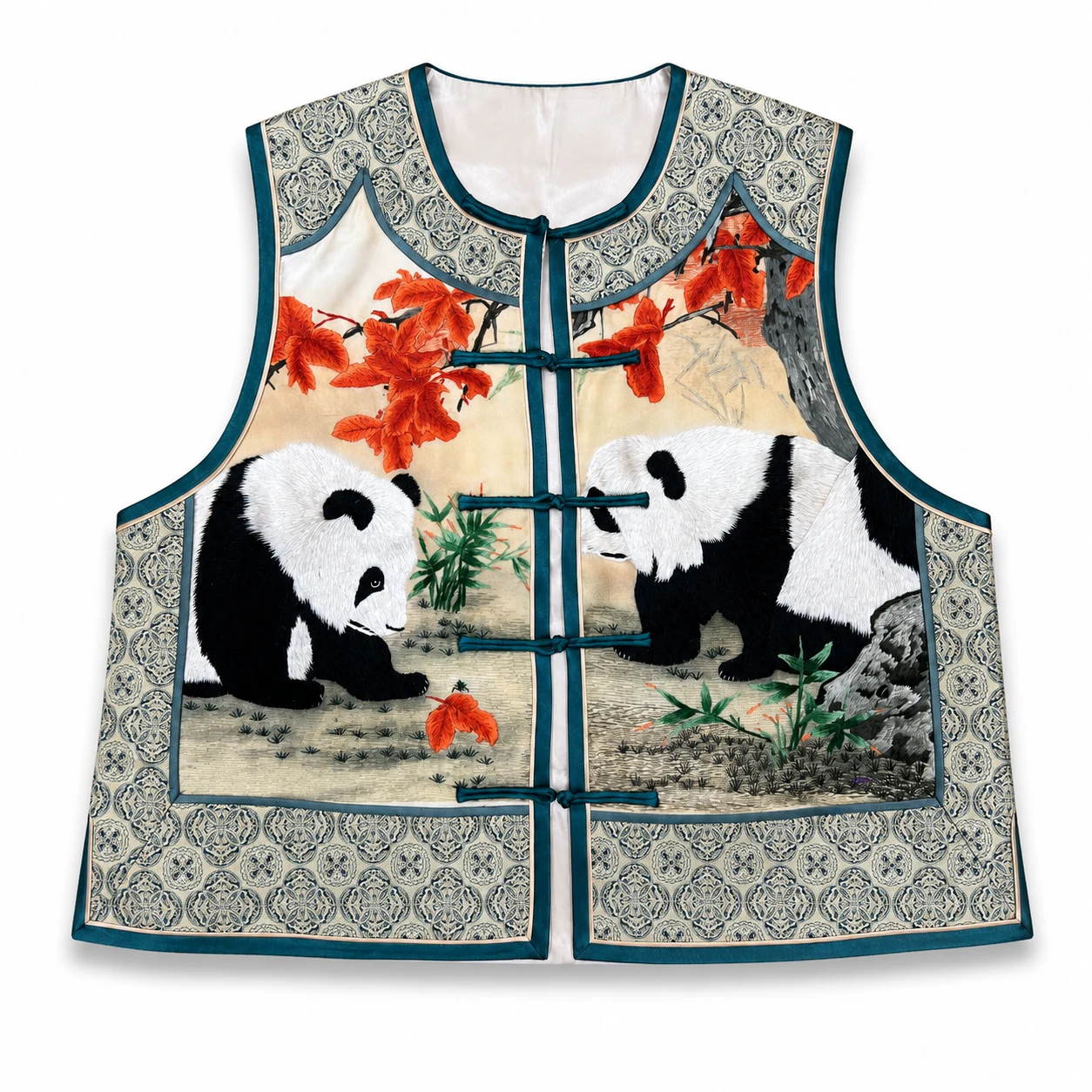 One-of-a-Kind Double-Sided Panda Su Embroidery Silk Vest – handcrafted textile detail and full product view