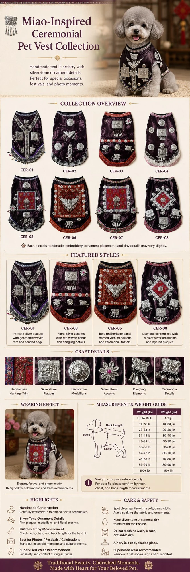 Handmade Miao-Inspired Ceremonial Dog Vest – Woven Textile &amp; Silver-Tone Details, 8 Styles, Custom Sizing — full product details
