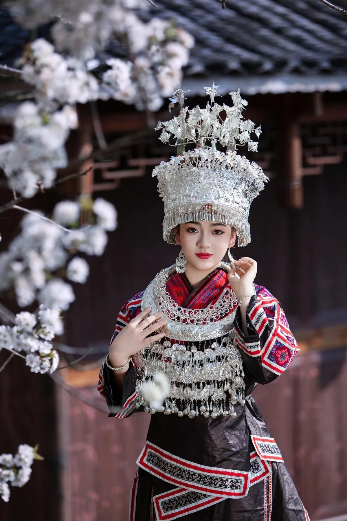 Jianhe Miao traditional dress showing front silverwork detail.