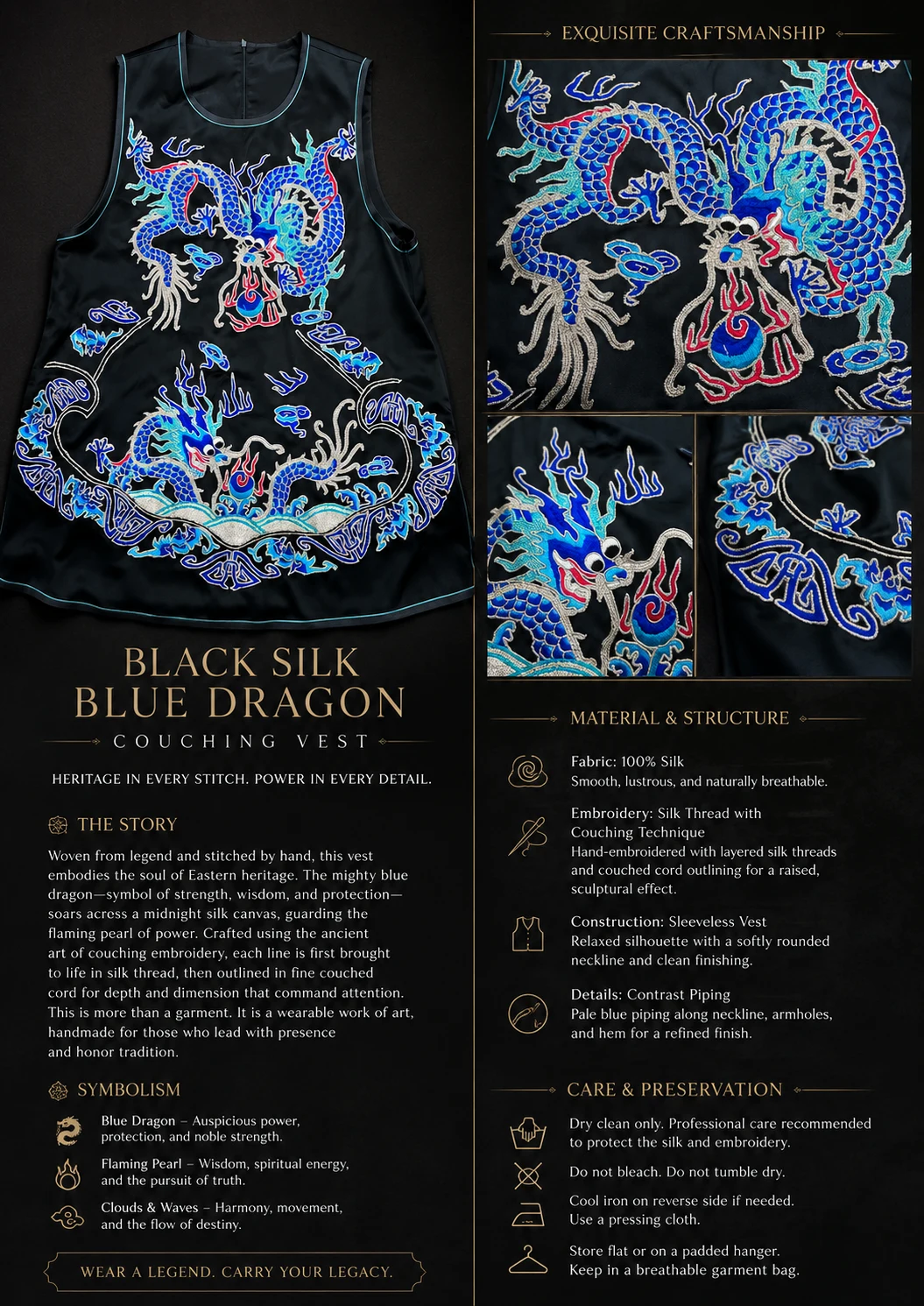 One-of-a-Kind Blue Dragon Gold Couching Silk Vest – product details 10