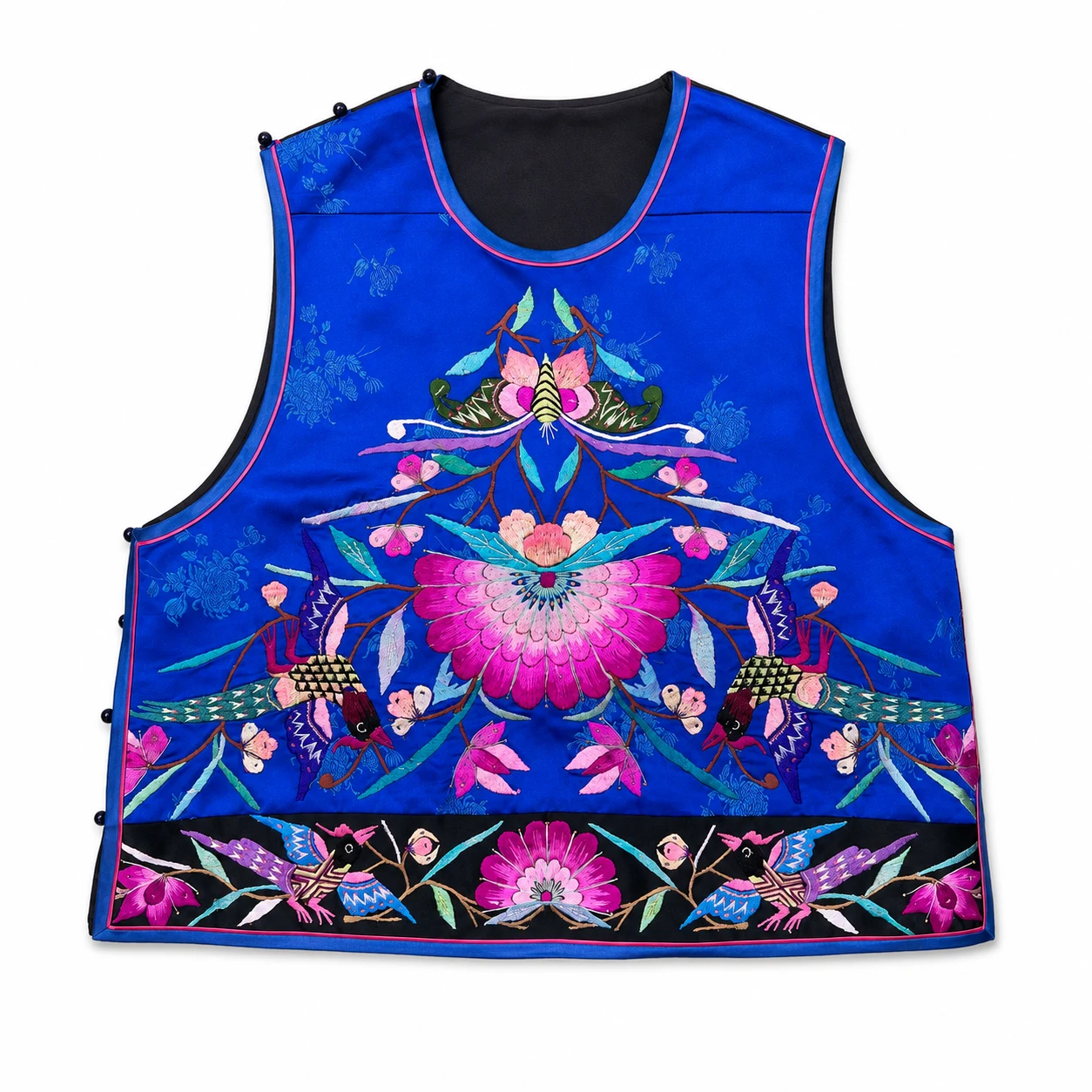 One-of-a-Kind Songtao Miao Bird & Butterfly Silk Vest – handcrafted textile detail and full product view